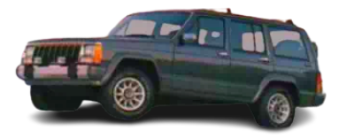 A jeep Cherokee Doing a jump off the ground and painted in blue with a transparent background