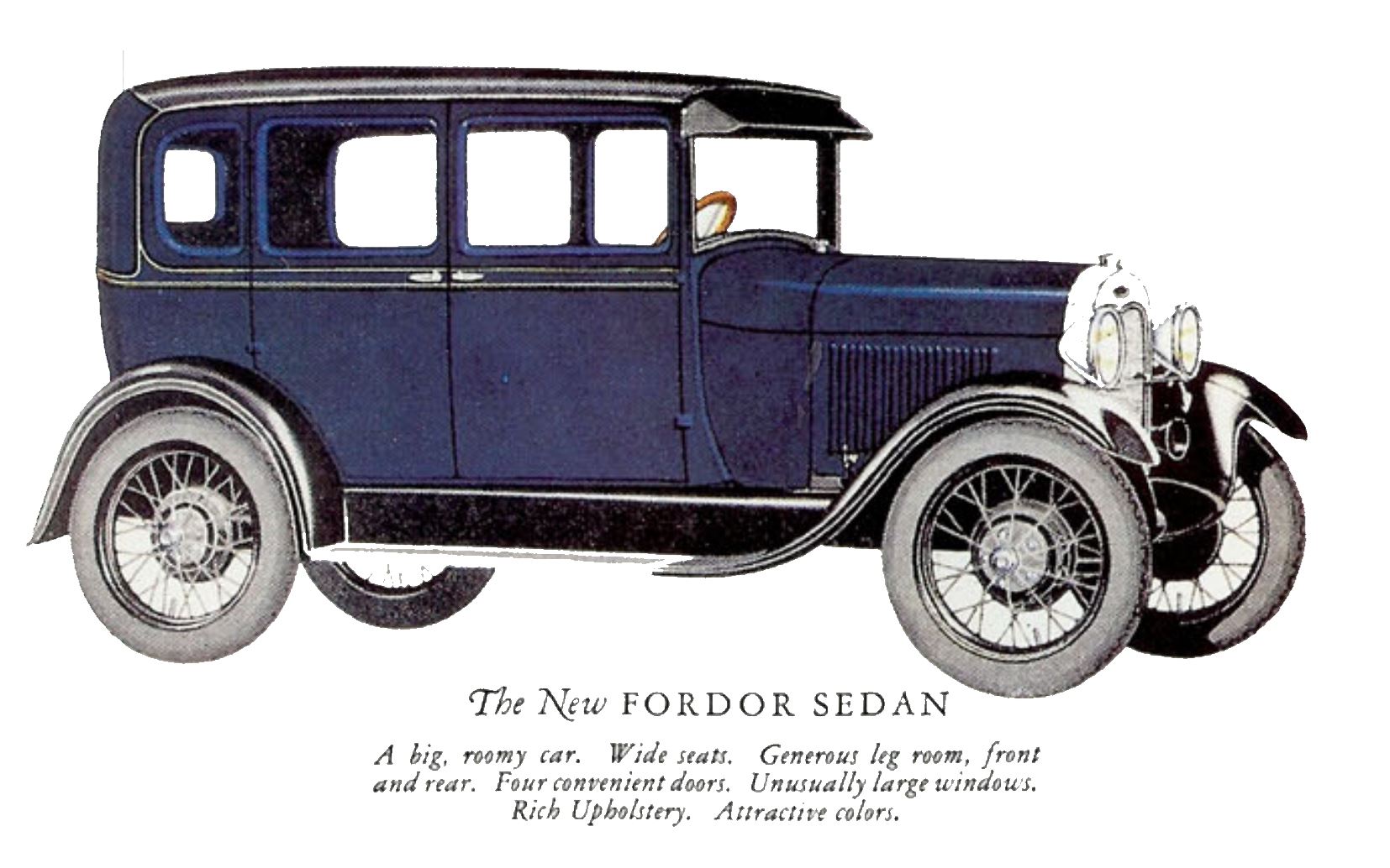 Sketch of a 1928 ford fordor model a from the ford brochure