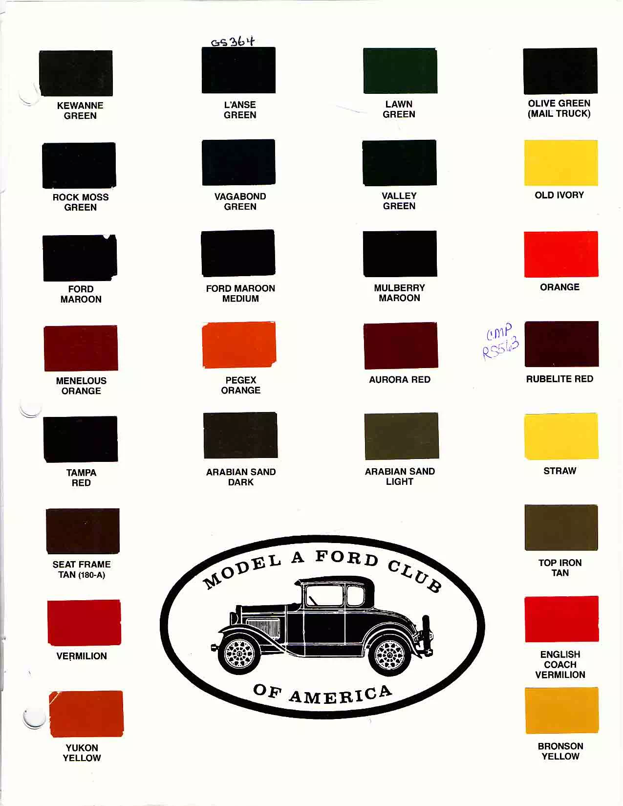 Color chart for 1930's motor vehicles exterior paint code.  Examples of colors and ordering codes.
