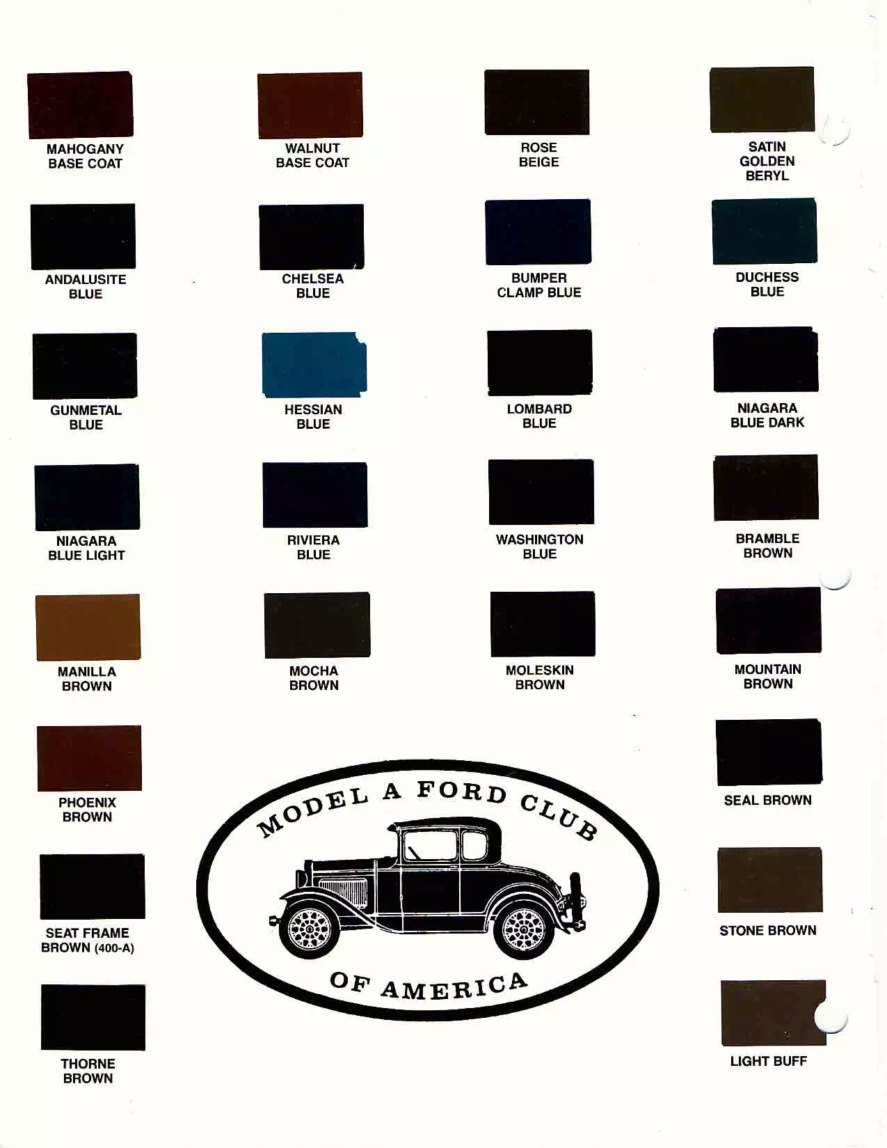 Color chart for 1930's motor vehicles exterior paint code.  Examples of colors and ordering codes.