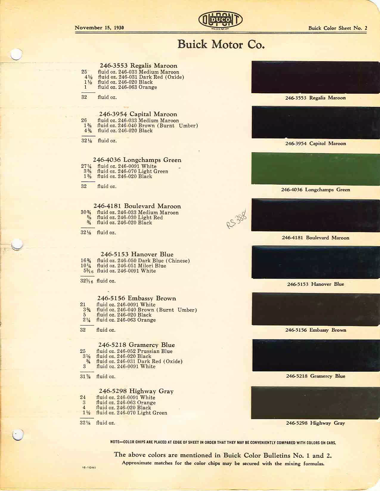 colors and ordering codes for those colors used on 1930 vehicles