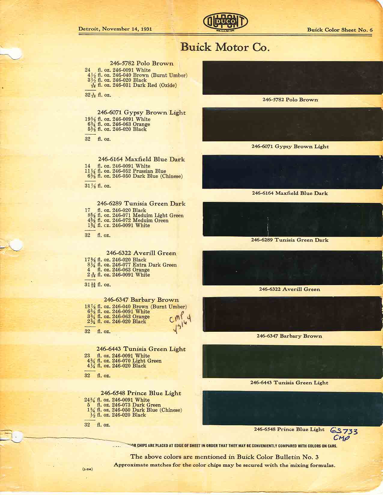Color and Codes used on Buick In 1931