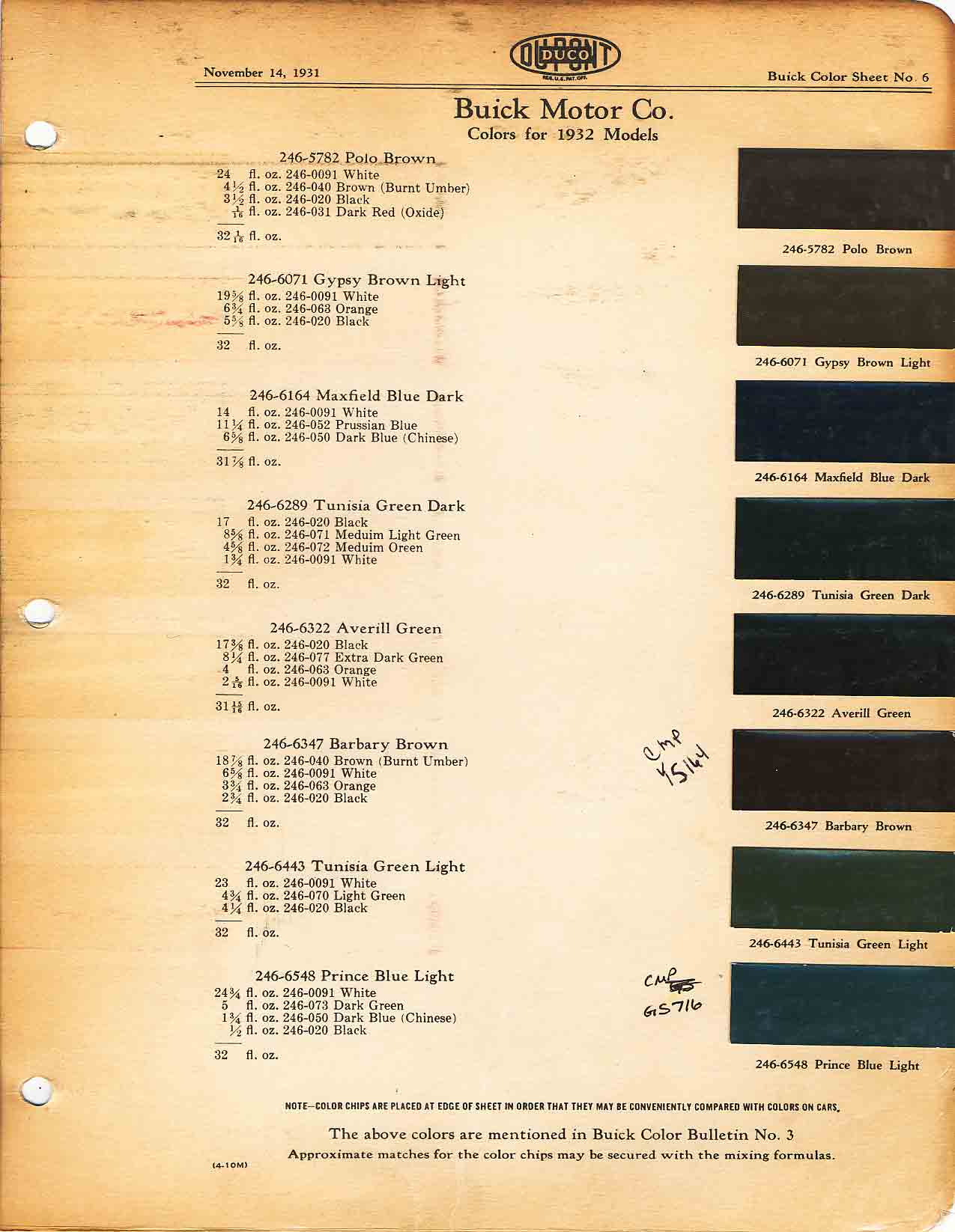 Colors and codes used on Buick Vehicles in 1932