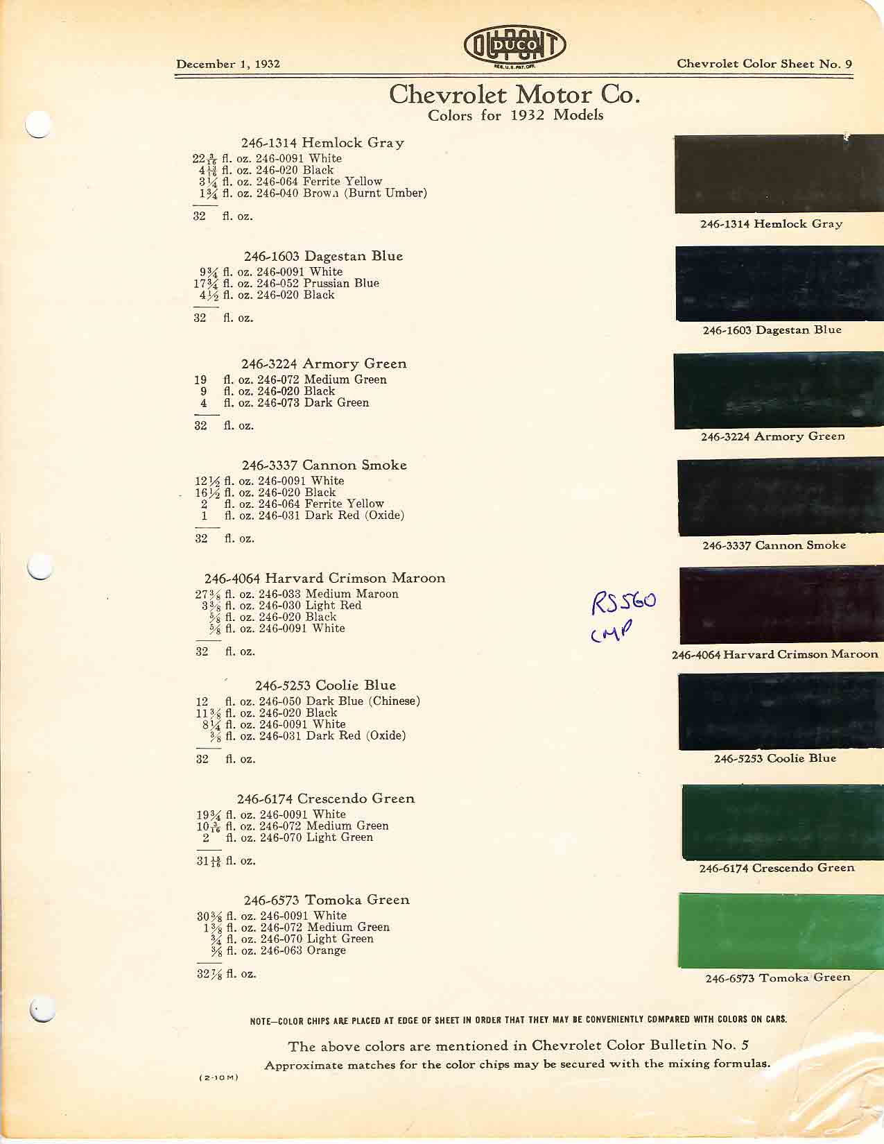 Colors and codes used on Chevrolet Vehicles in 1932