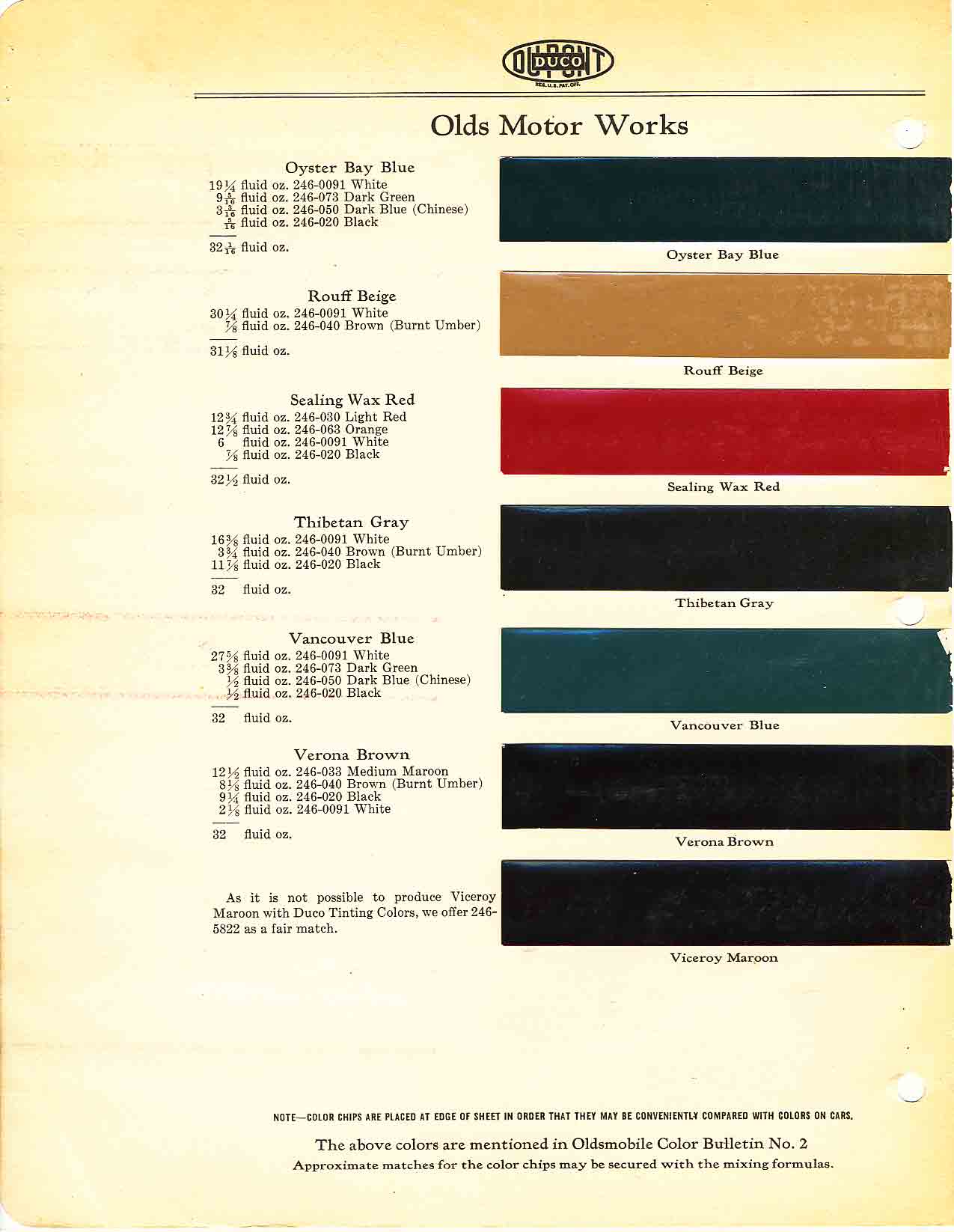 Oldsmobile Paint and Color Code Chart