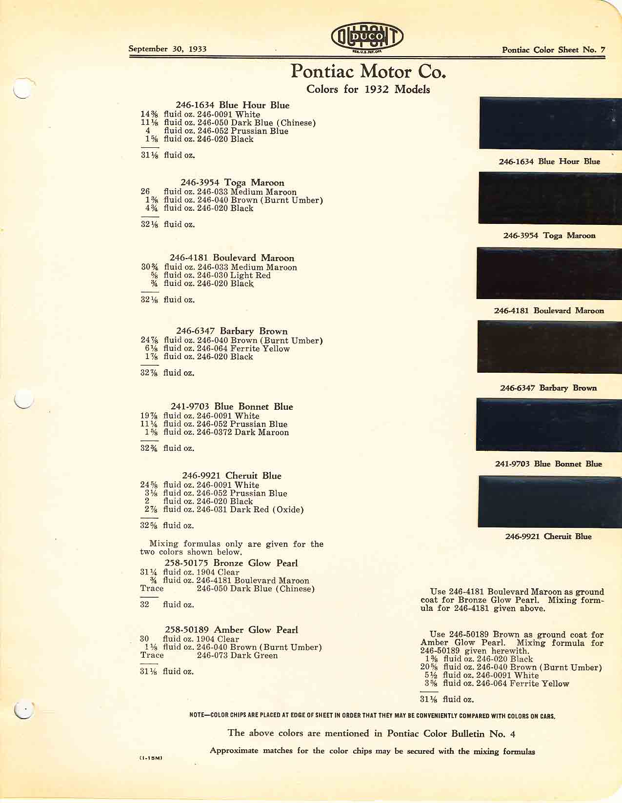 Colors and codes used on Pontiac Vehicles in 1932