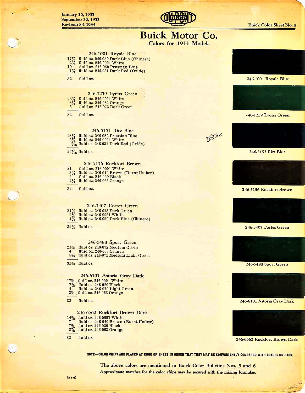 Color and Codes used on Buick In 1933