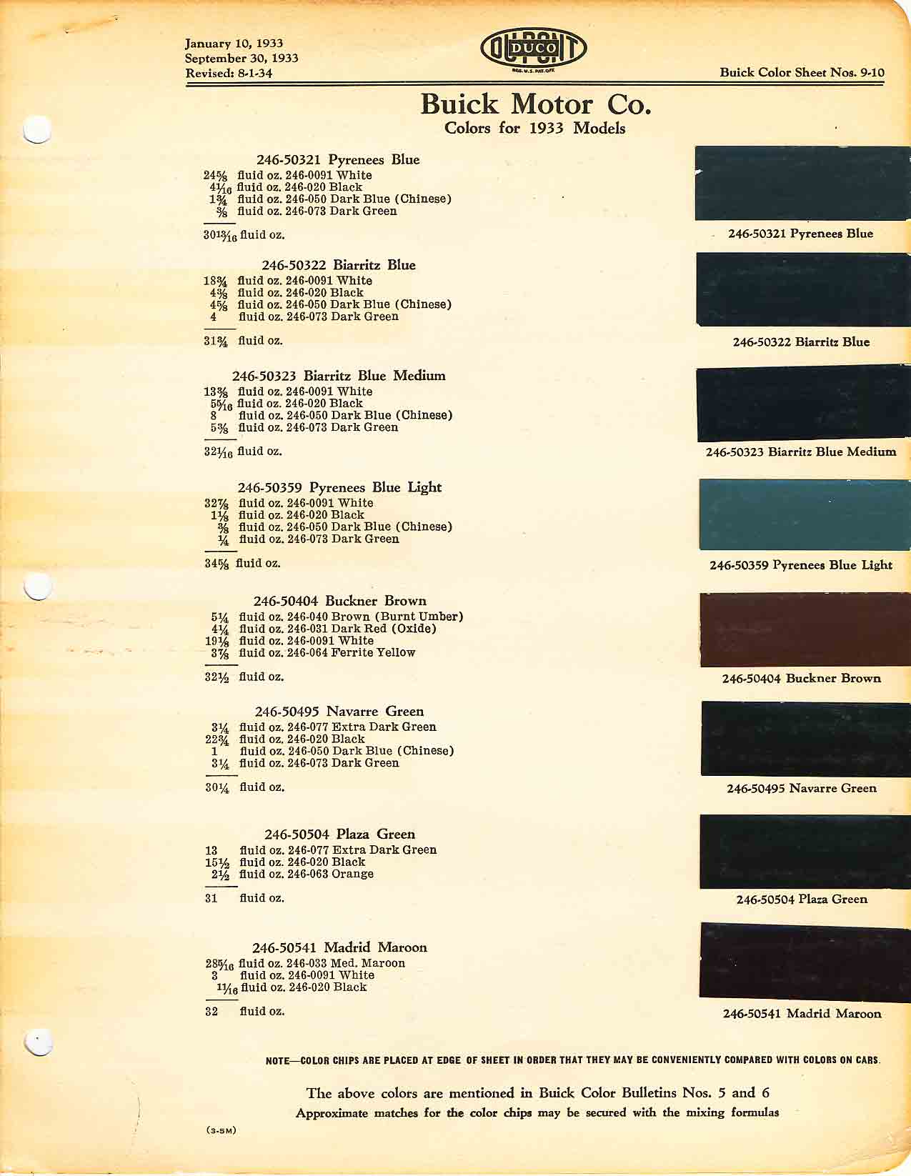 Color and Codes used on Buick In 1933