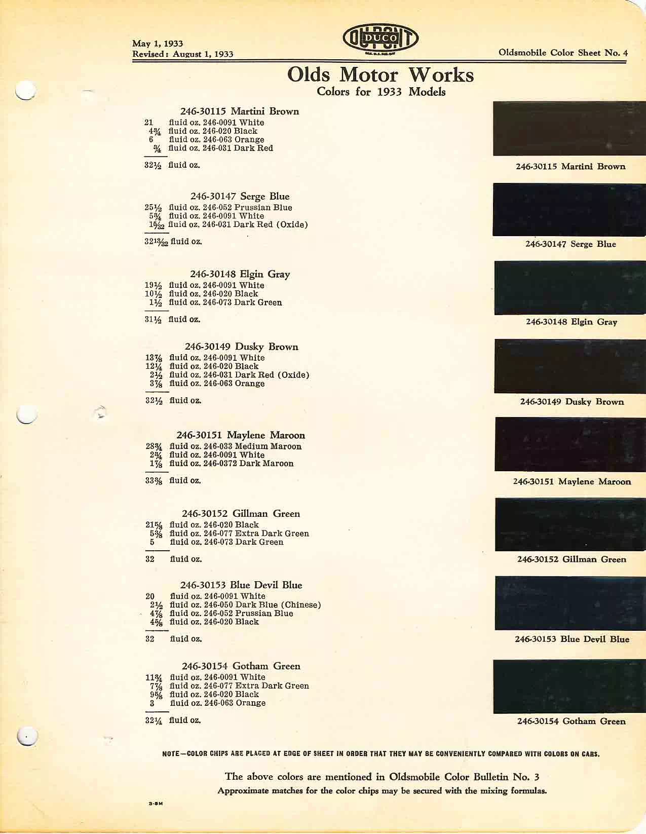 Color chart for 1933 motor vehicles exterior paint code.  Examples of Colors and ordering codes.