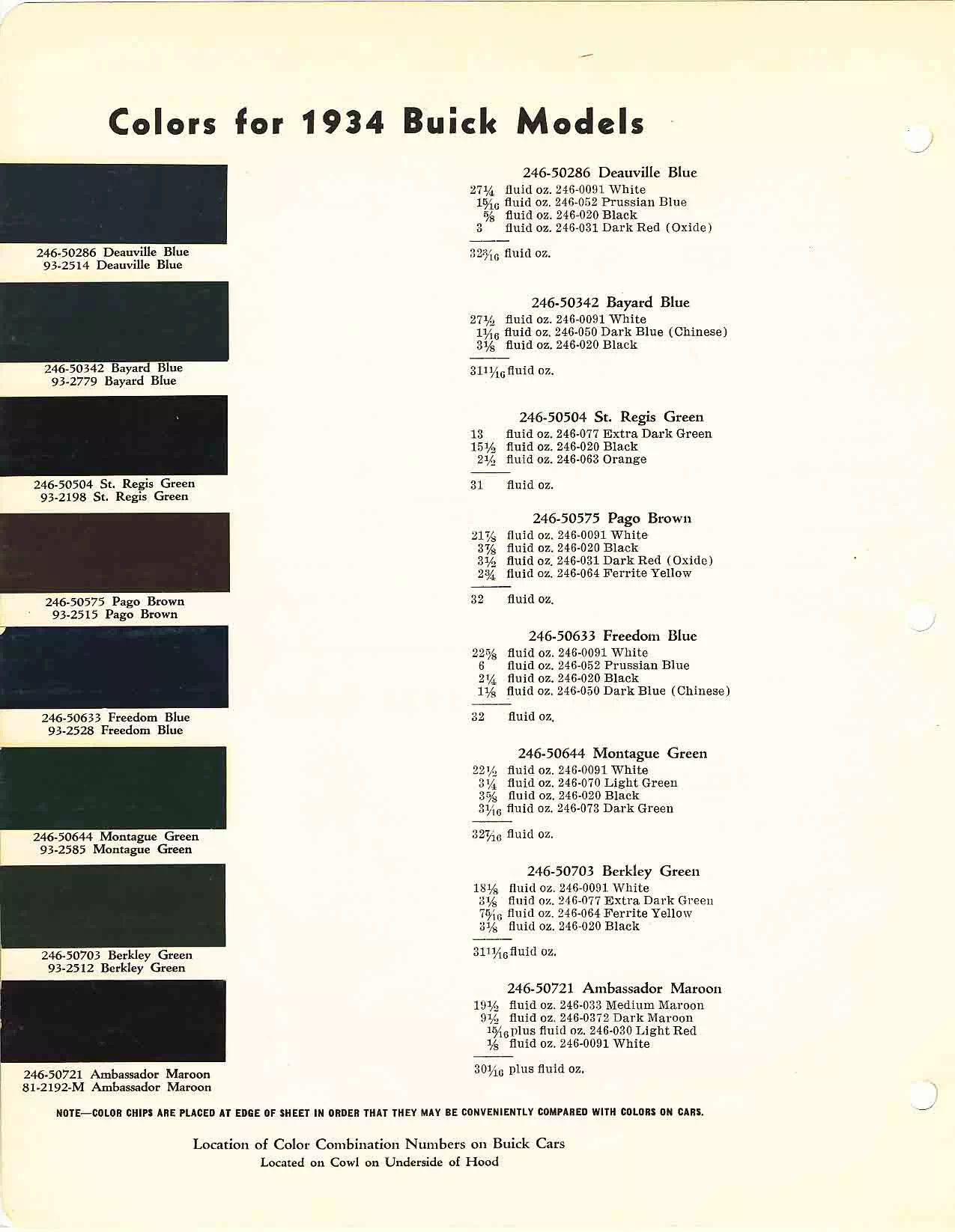 Color chart for 1934 motor vehicles exterior paint code.  Examples of Colors and ordering codes.