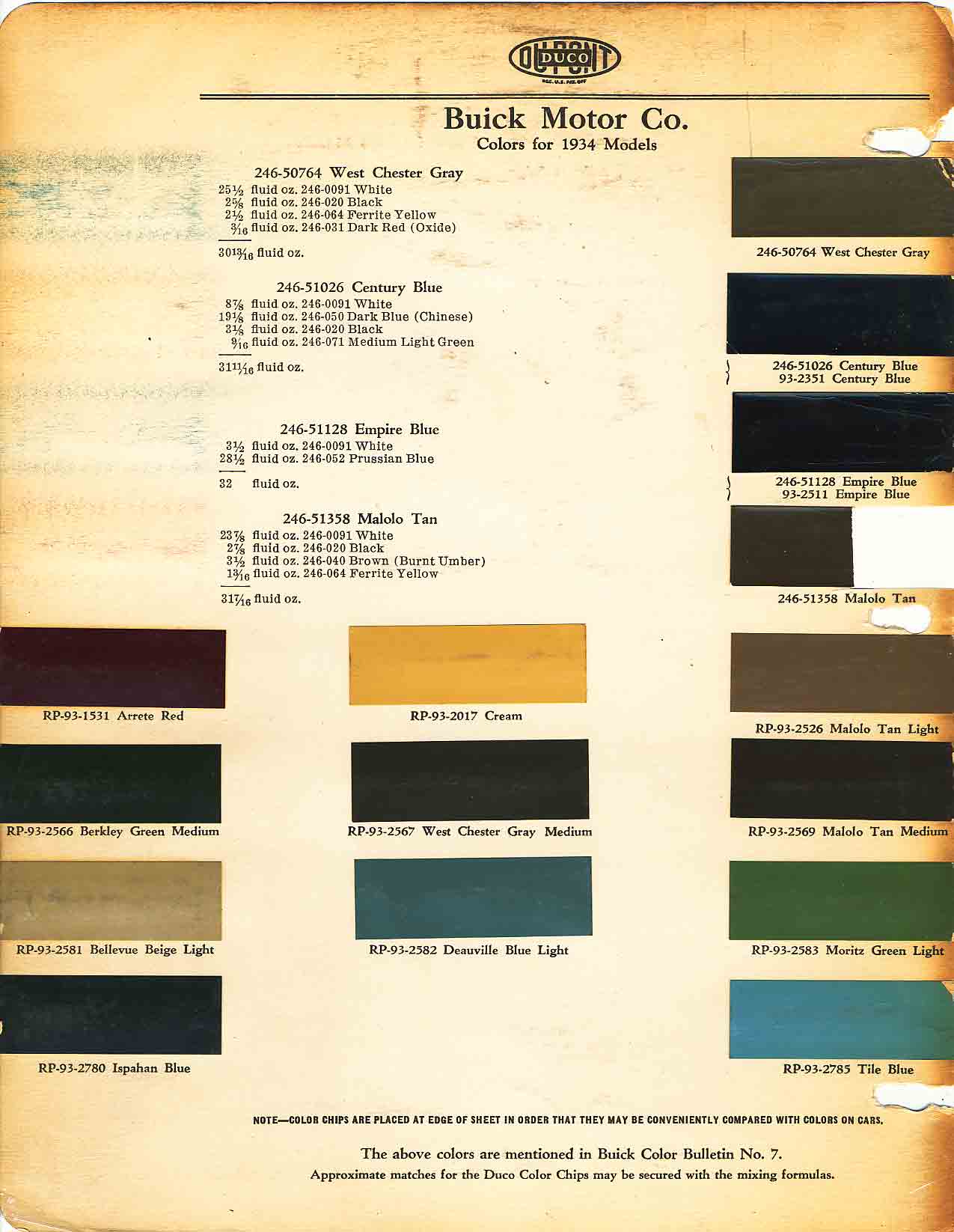 Colors and codes used on Buick Vehicles in 1934