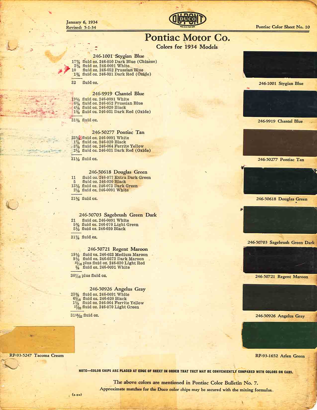 Colors and codes used on Pontiac Vehicles in 1934