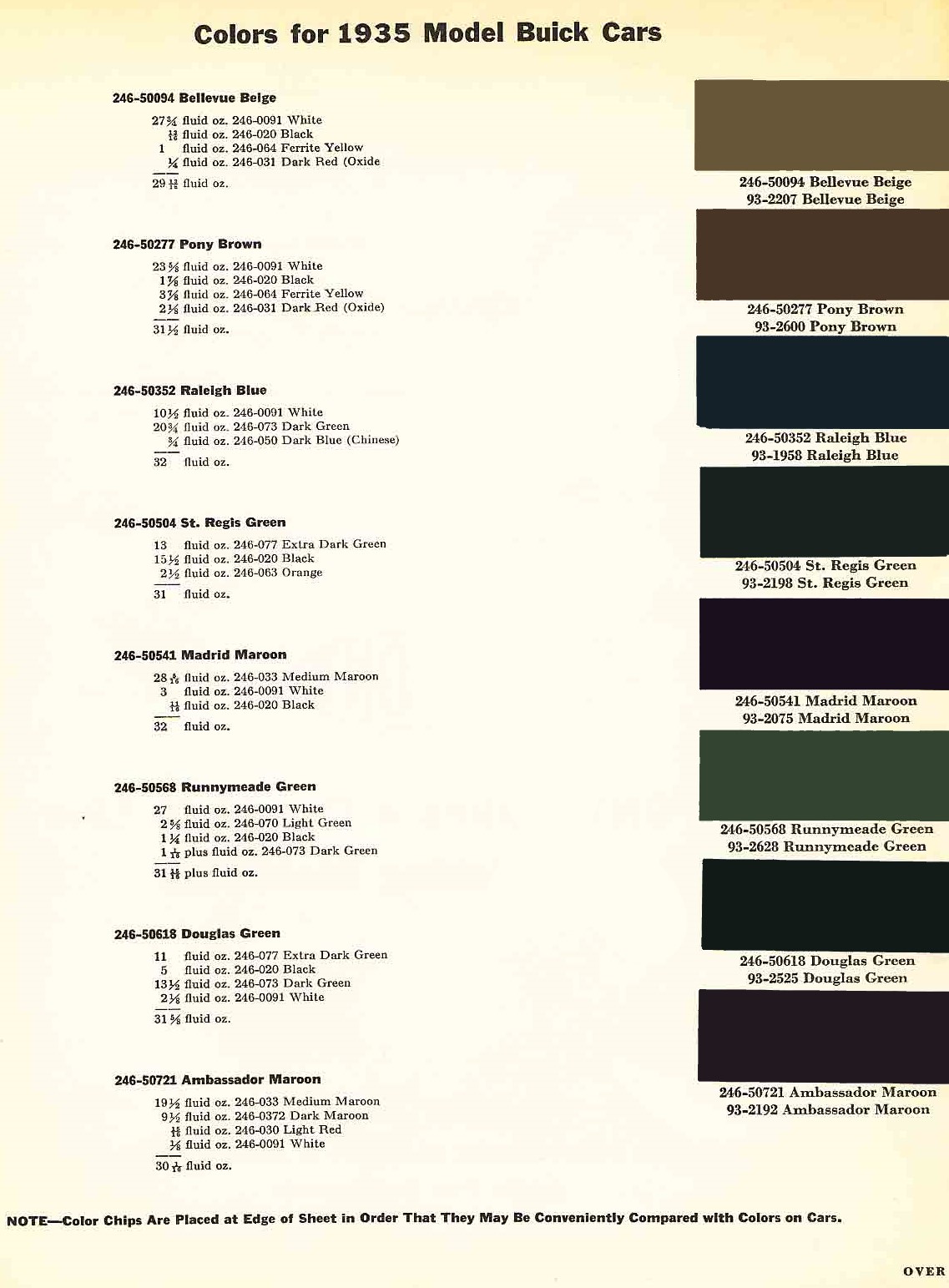 Paint Codes and Colors used on Buick in 1935