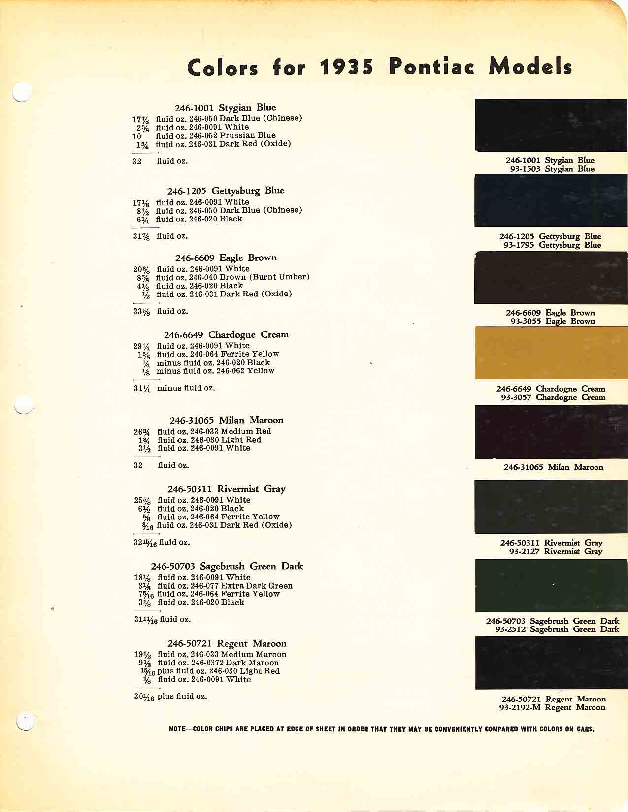 Color chart for 1935 motor vehicles exterior paint code.  Examples of colors and ordering codes.