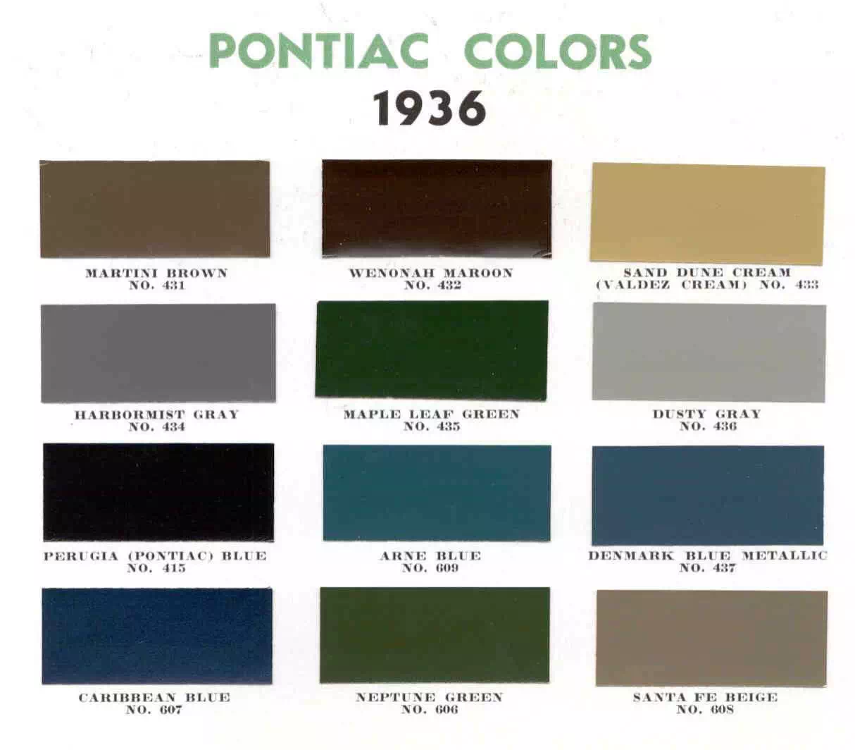 Colors and Codes used on the exterior of Pontiac Vehicles in 1936