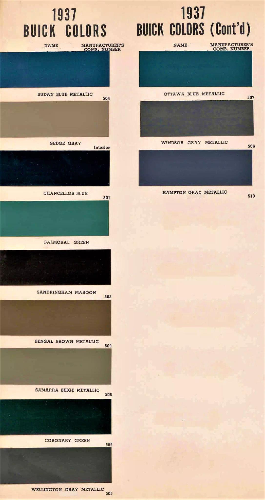 Colors and the codes used for them on the 1937 Buick Vehicles.