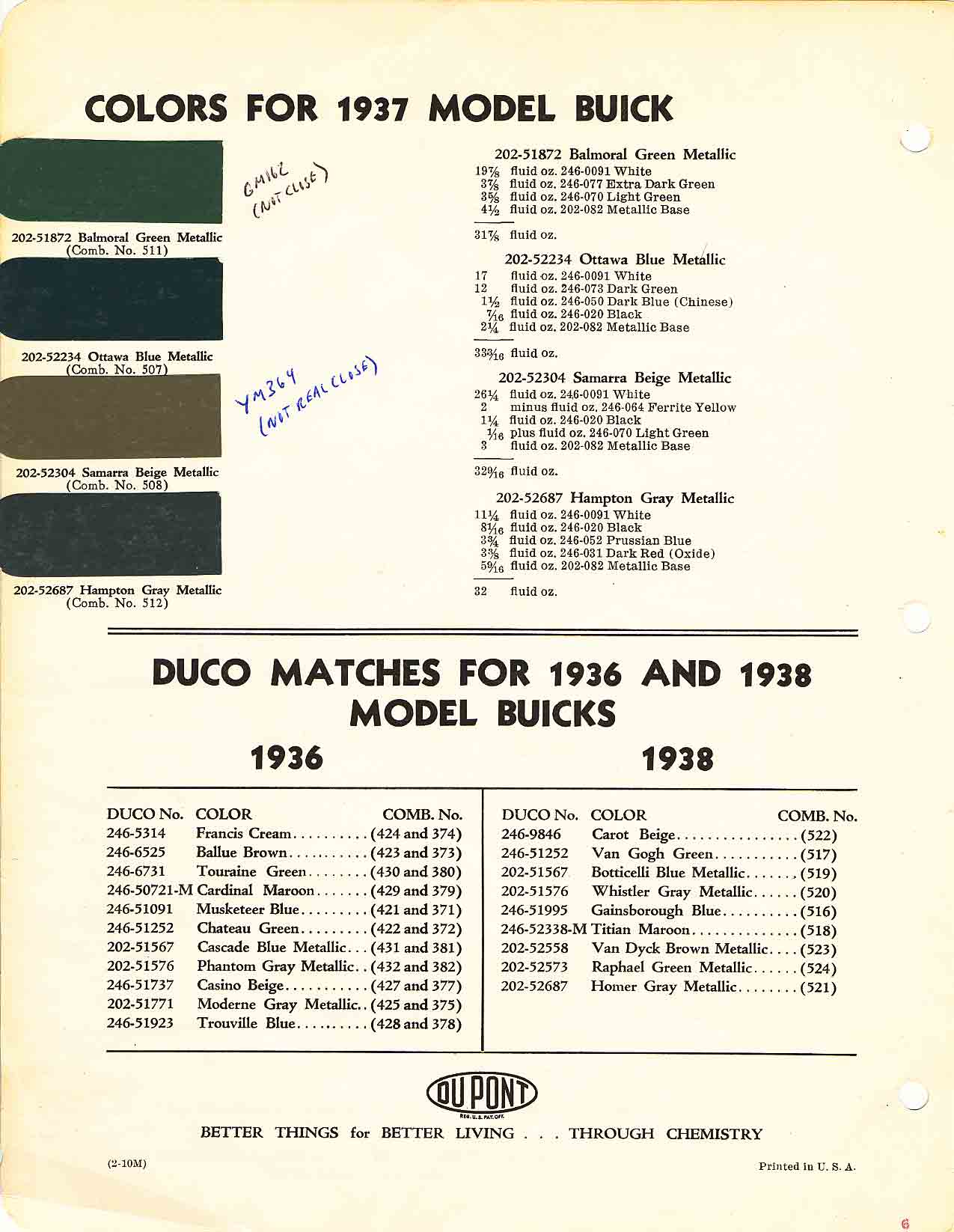 Paint Colors and Codes used on Buick In 1937
