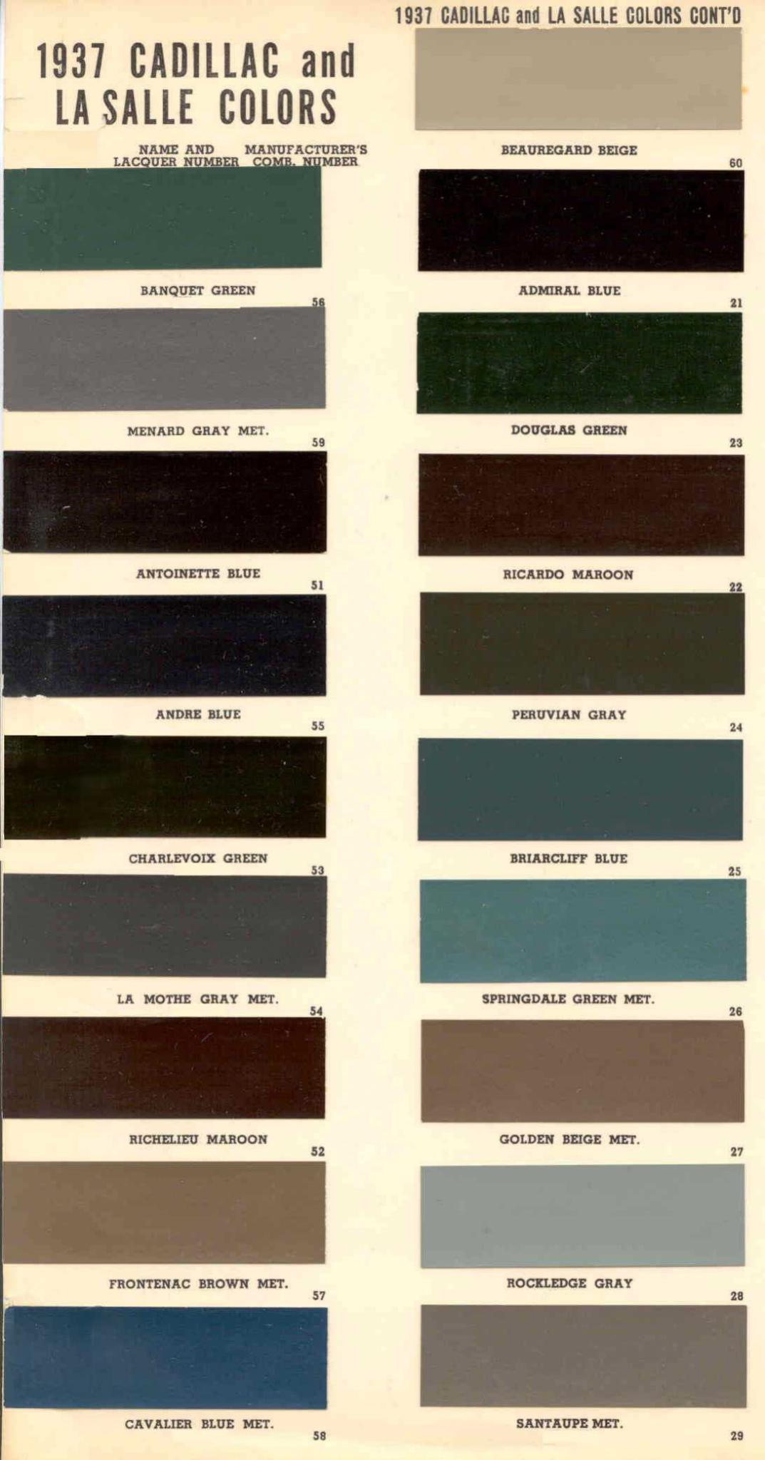 Exterior Colors and thier codes used in 1937 on Cadillac and Lasalle vehicles