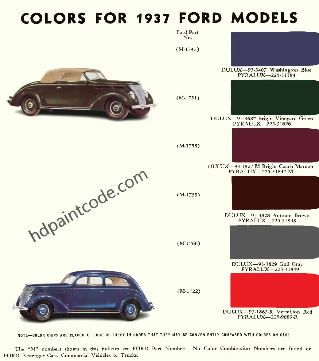 Paint Codes, paint swatches, and mixing formulas for 1937 ford vehicles