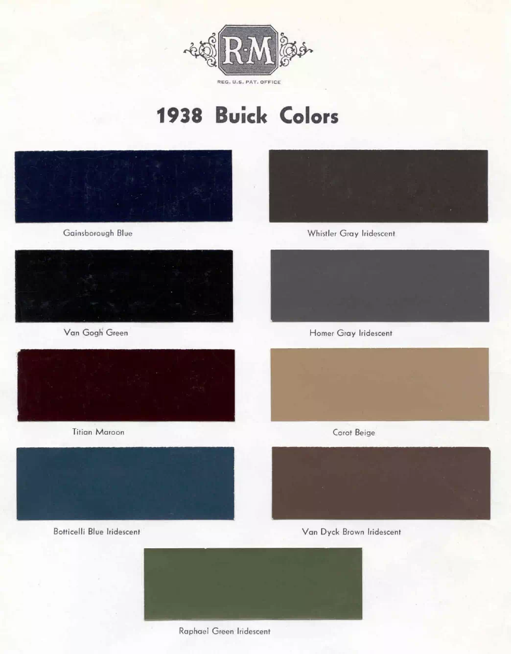 colors and ordering codes for those colors used on 1938 vehicles