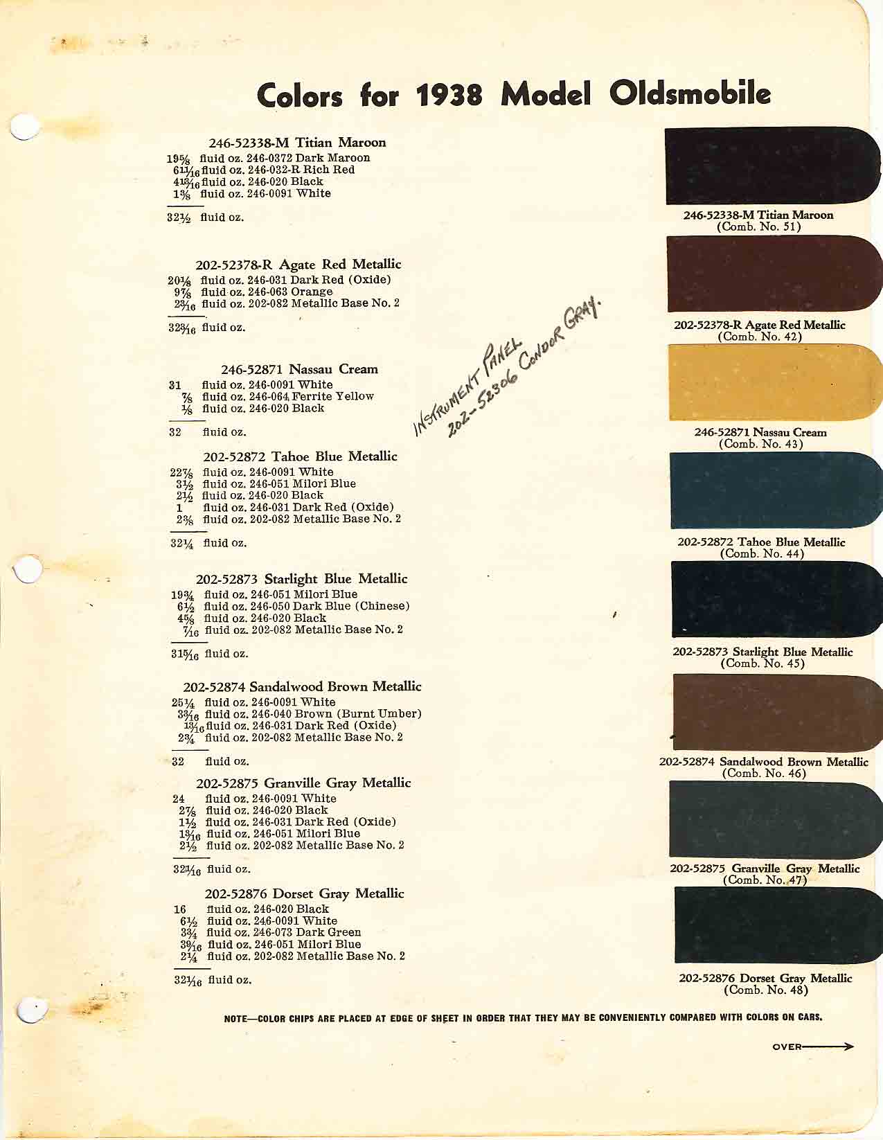 Paint Colors and Paint Codes used on the 1938 Oldsmobile