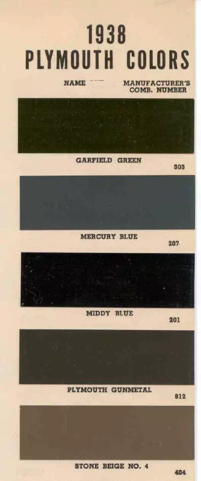 colors and ordering codes for those colors used on 1938 vehicles