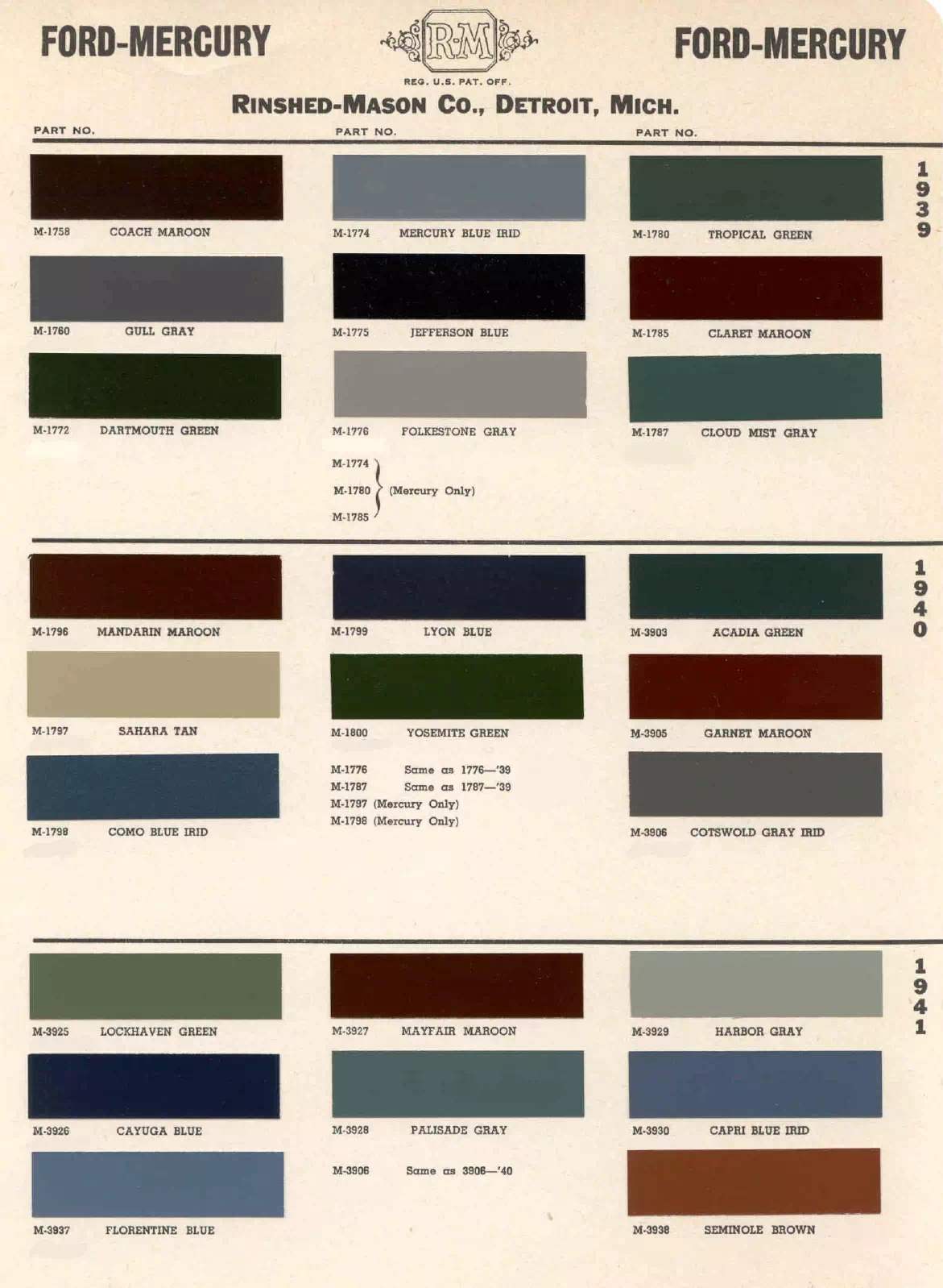 oem paint codes, color names, and color swatches used on Mercury vehicles