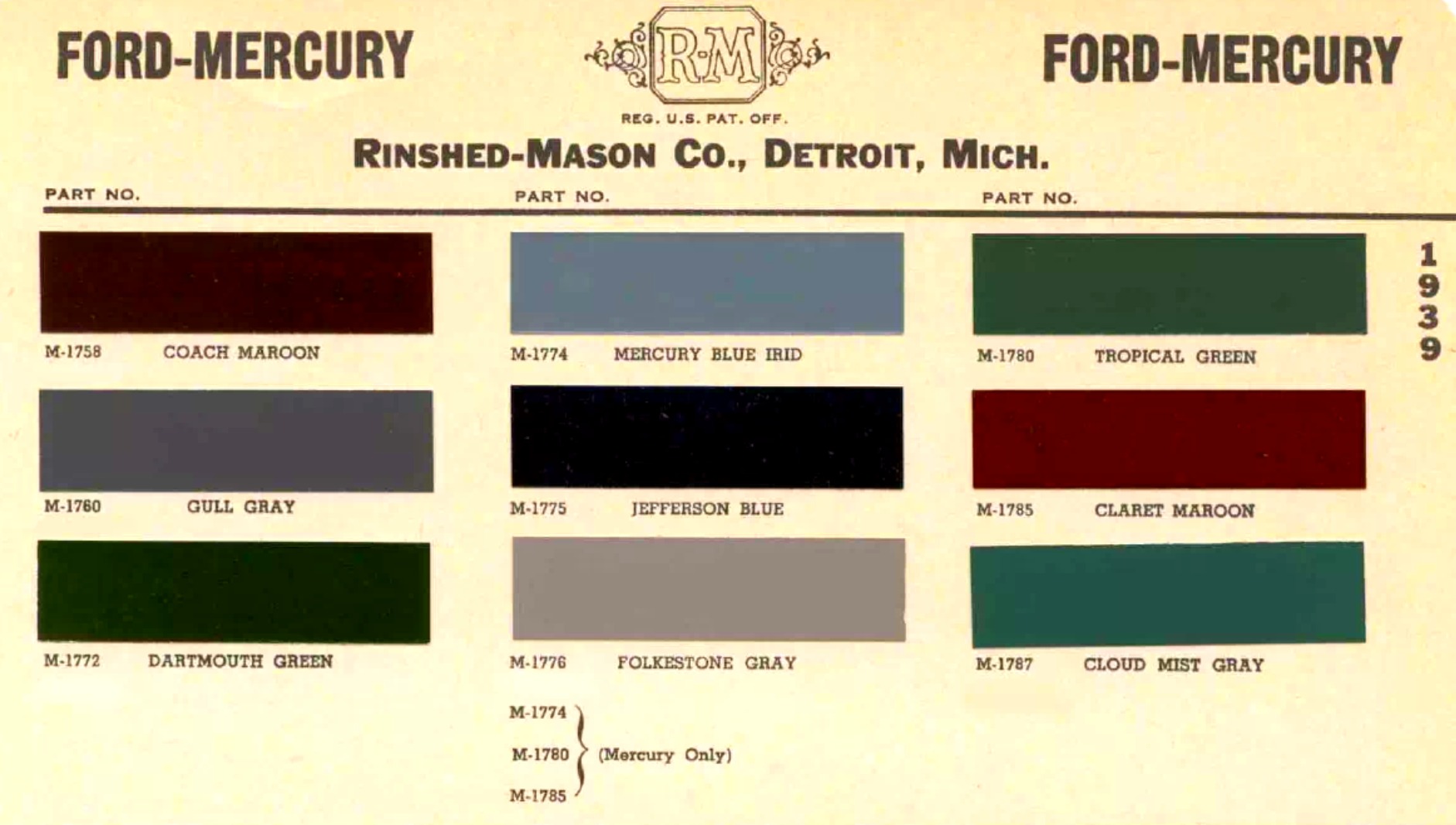 Color codes & paint swatches for ford and mercury vehicles in 1939
