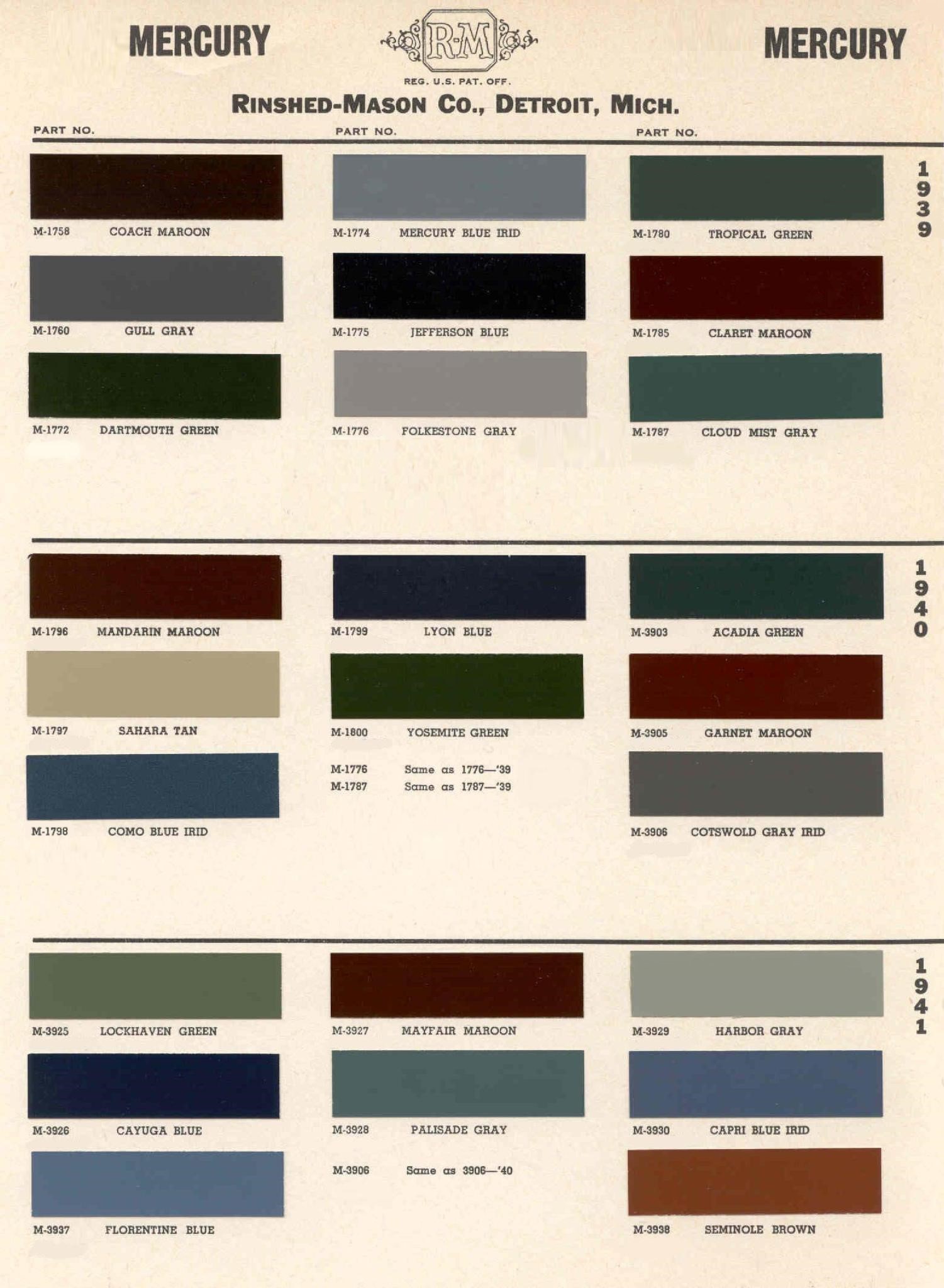 Paint Colors for Mercury Exterior Colors in 1939, 1940, 1941