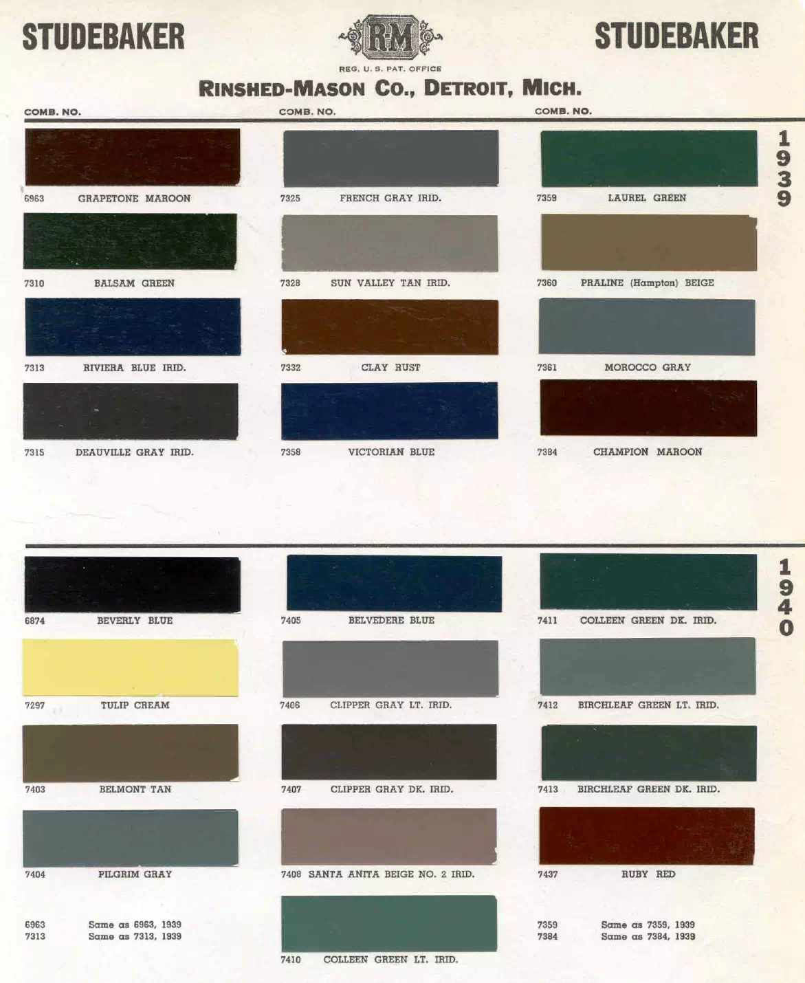 colors and ordering codes for those colors used on 1939 vehicles