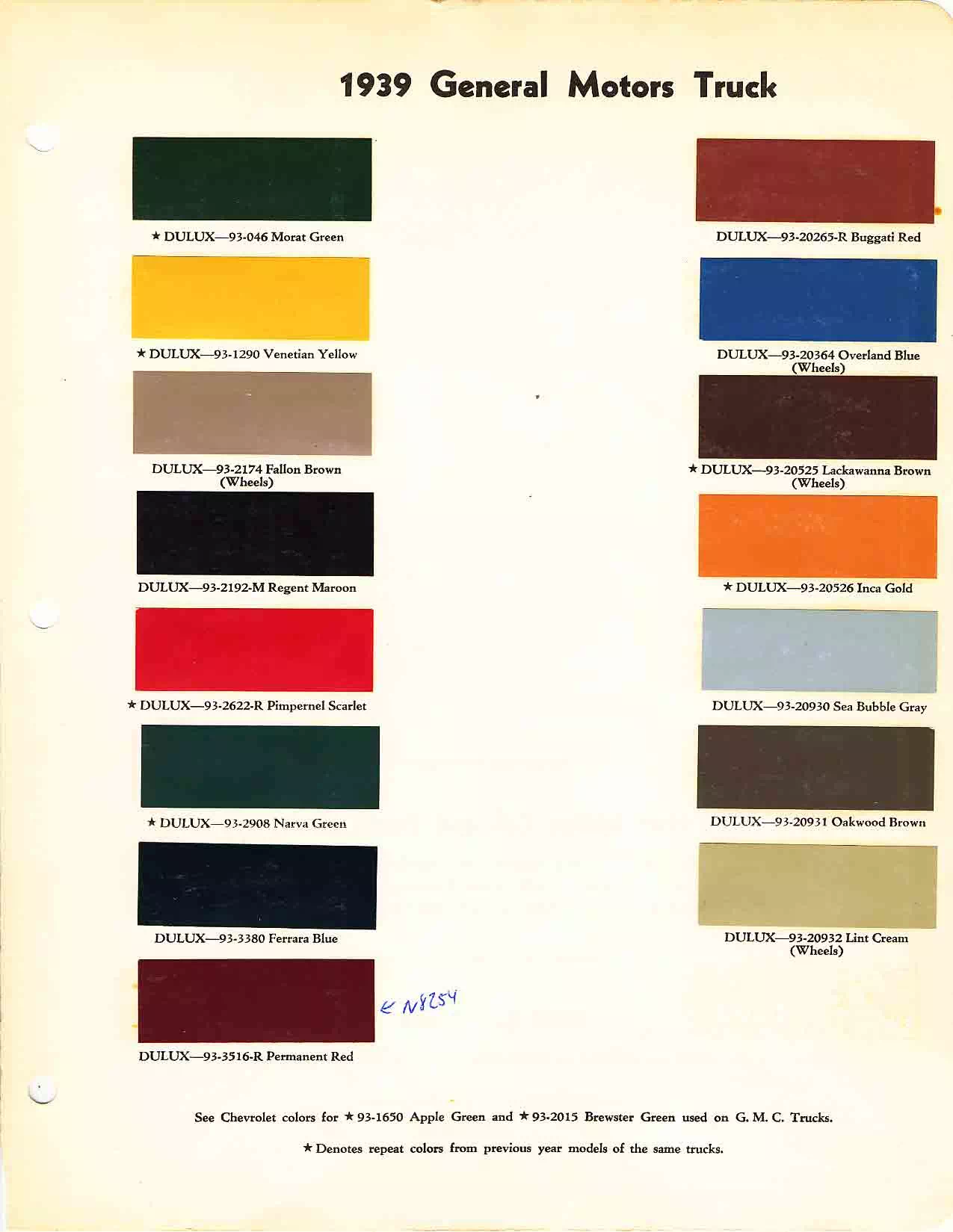 colors and ordering codes for those colors used on 1939 vehicles