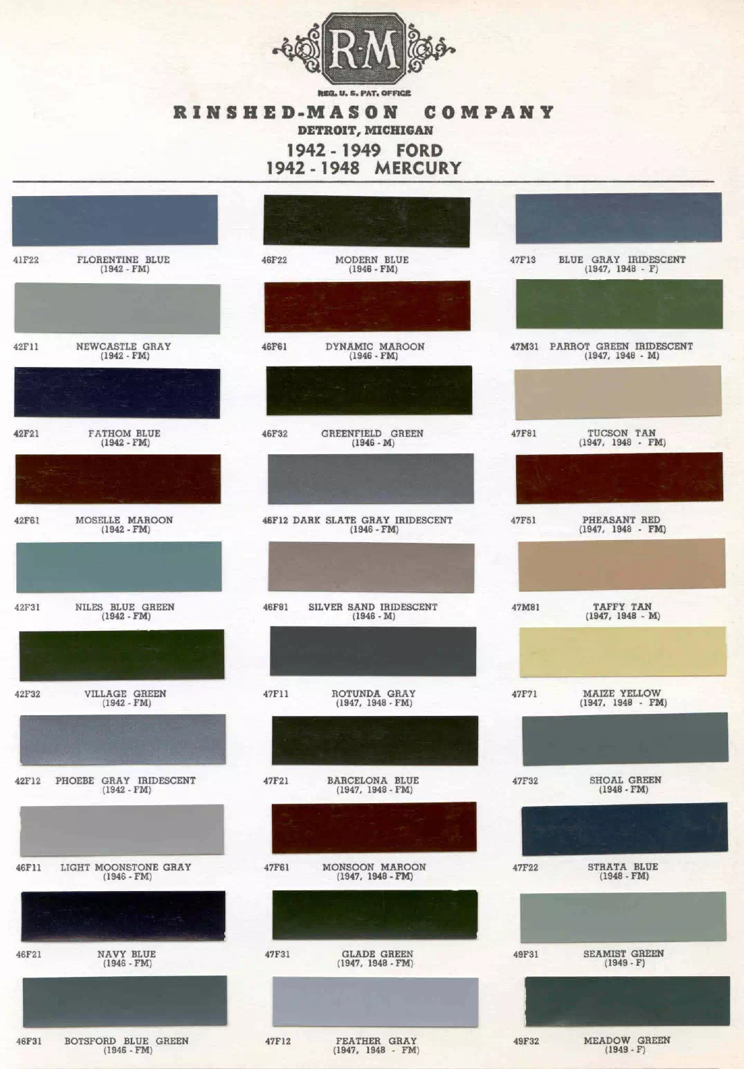 oem paint codes, color names, and color swatches used on Mercury vehicles