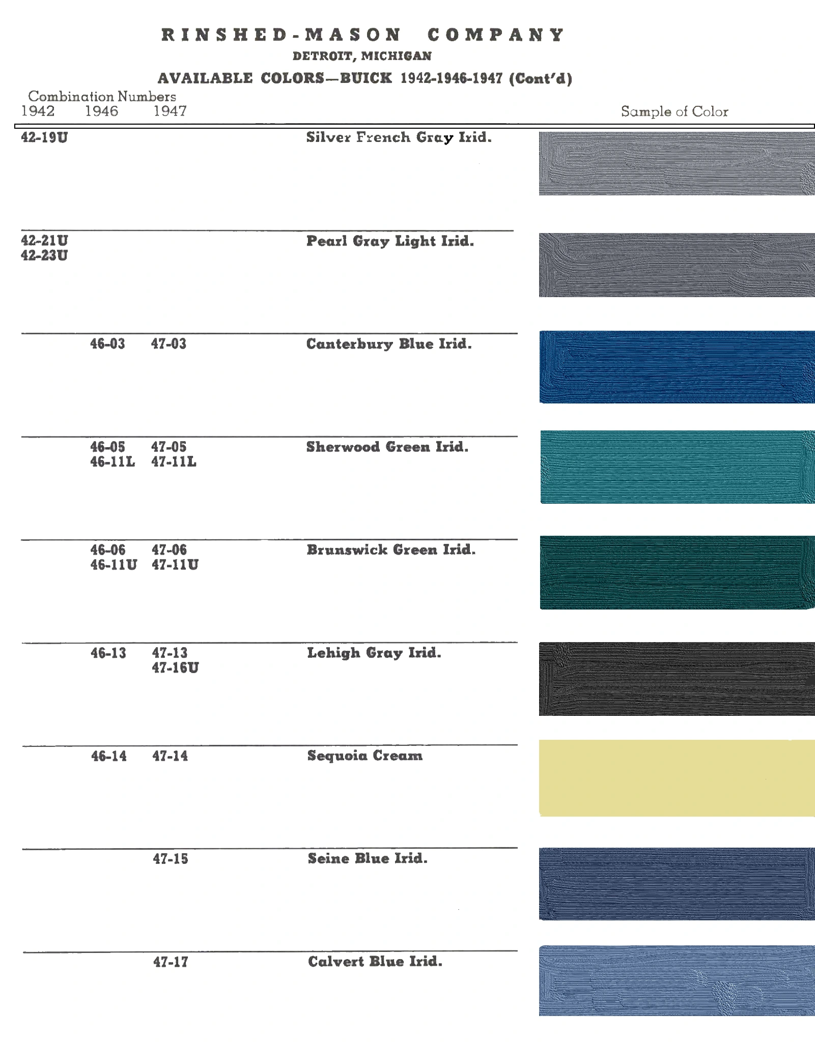 Combined Color Charts by Mfg's during ww2, Buick model Paint colors
