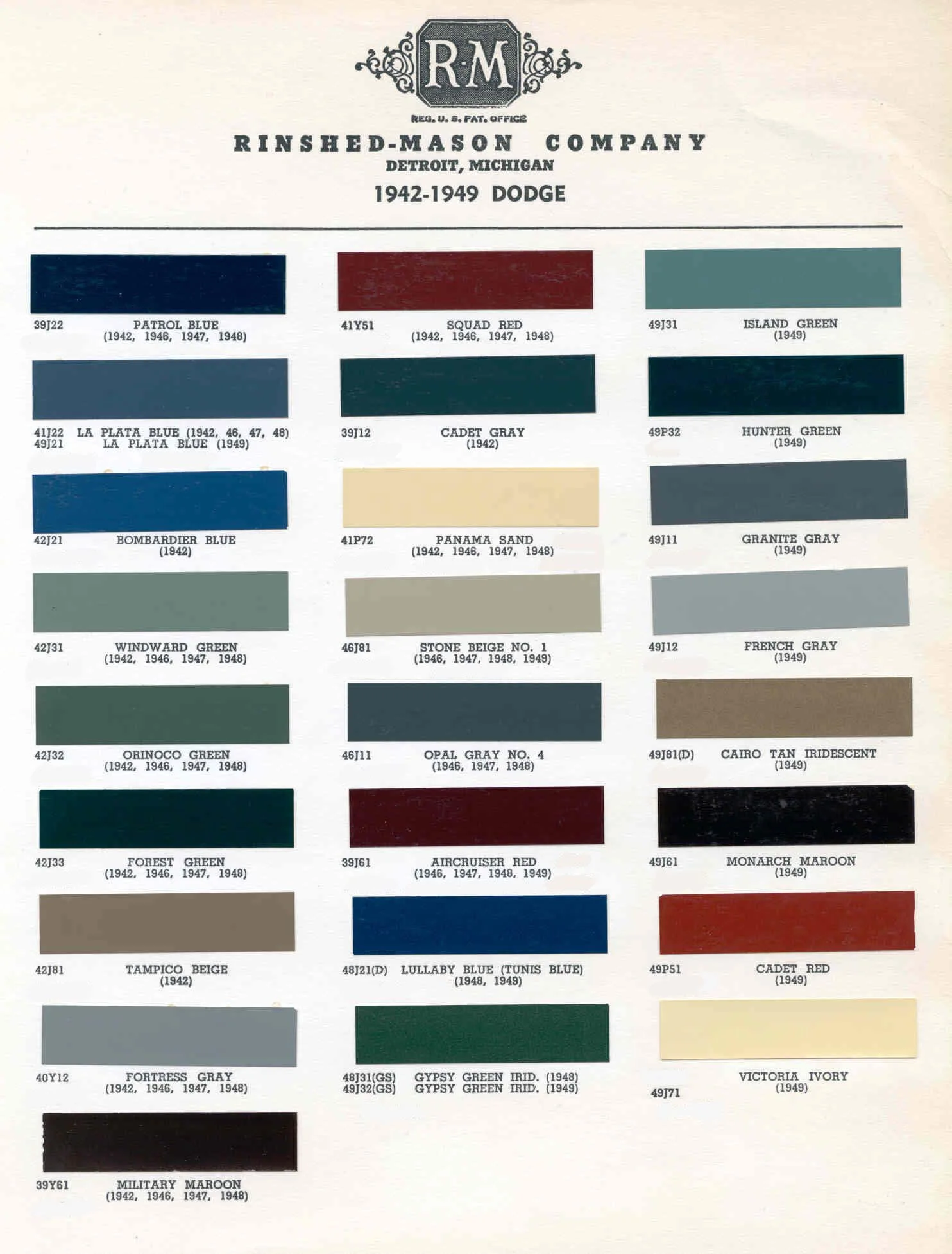 Summary Of Colors used on all Dodge Vehicles in 1941-1949