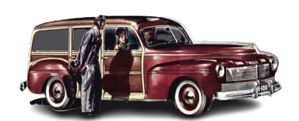 1942 Mercury Station wagon vehicle example with a transprent background..  A man and a woman talking to  man standing out side the vehicle.  Painted in red with woodgrain side mouldings.