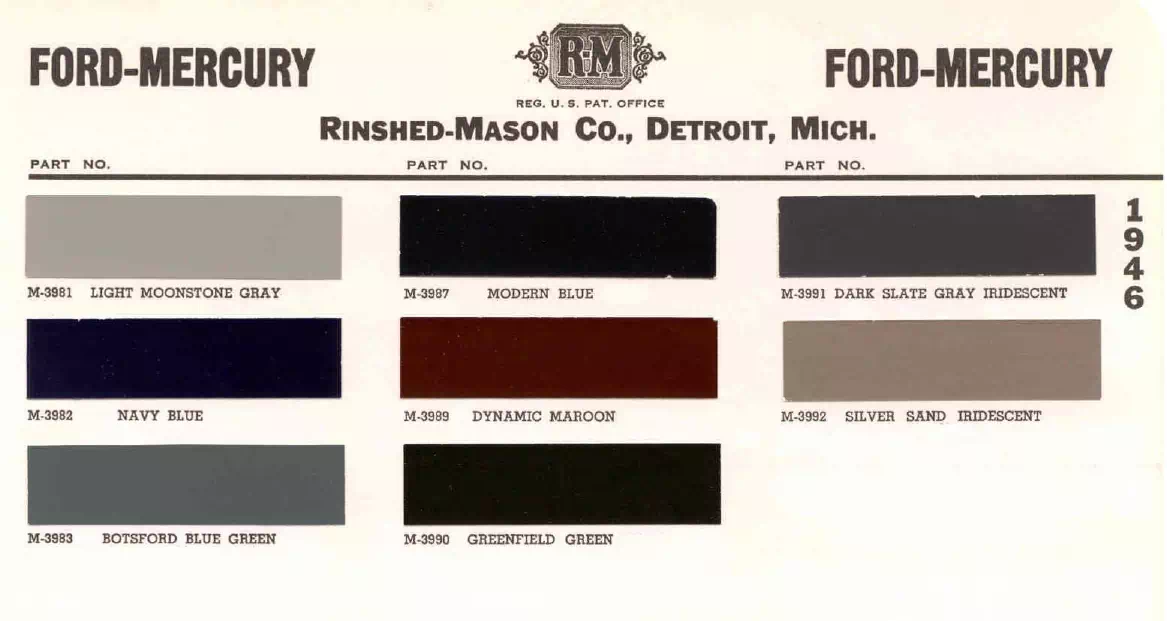 Color swatches and paint codes for Ford and Mercury Vehicles for the 1946 year models