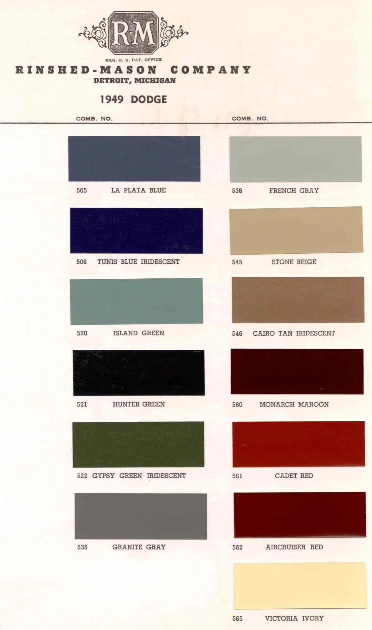 Summary Of Colors used on all Dodge Vehicles in 1949