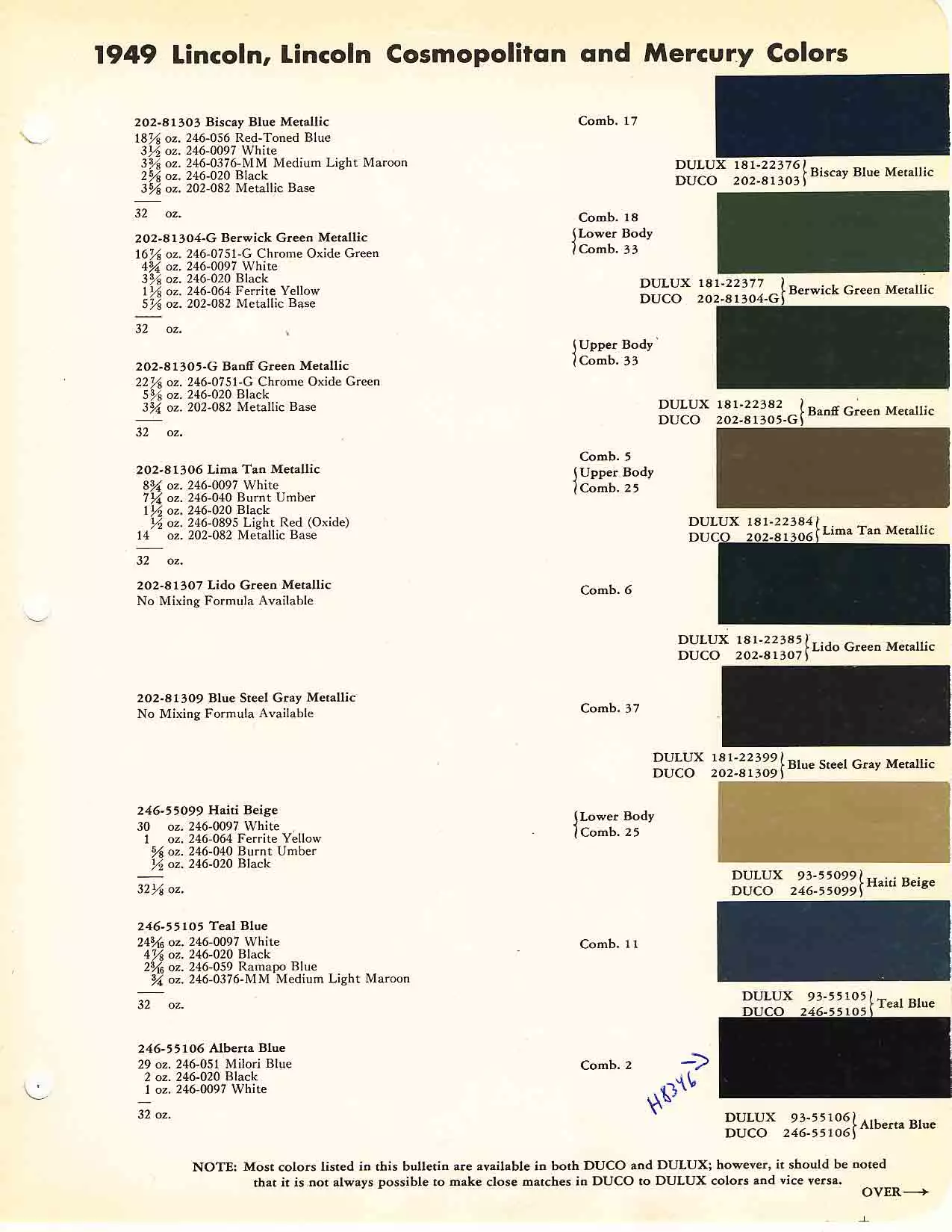 exterior colors, their codes, and example swatches used on lincoln & mercury vehicles in 1949