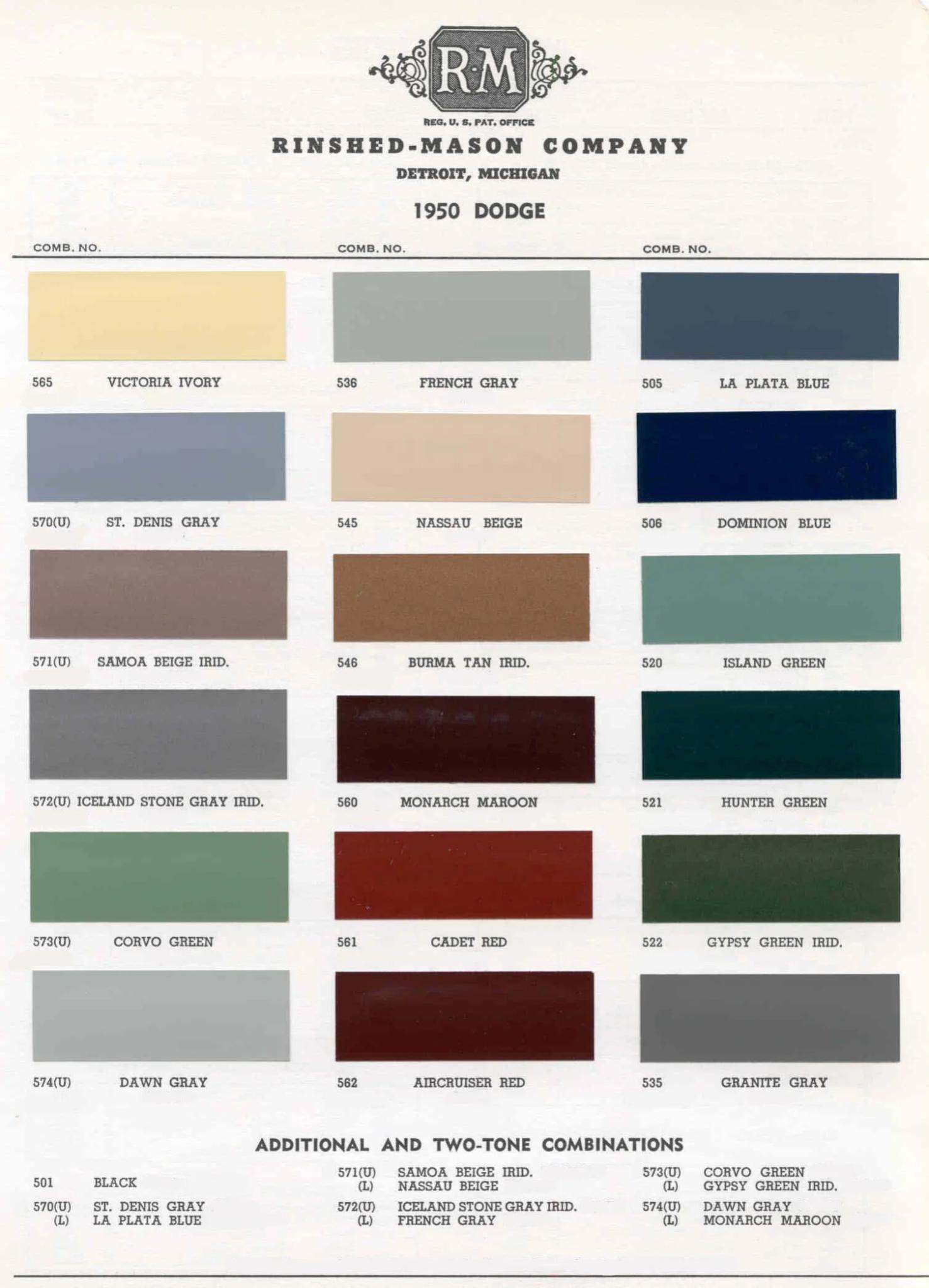 Summary Of Colors used on all Dodge Vehicles in 1950
