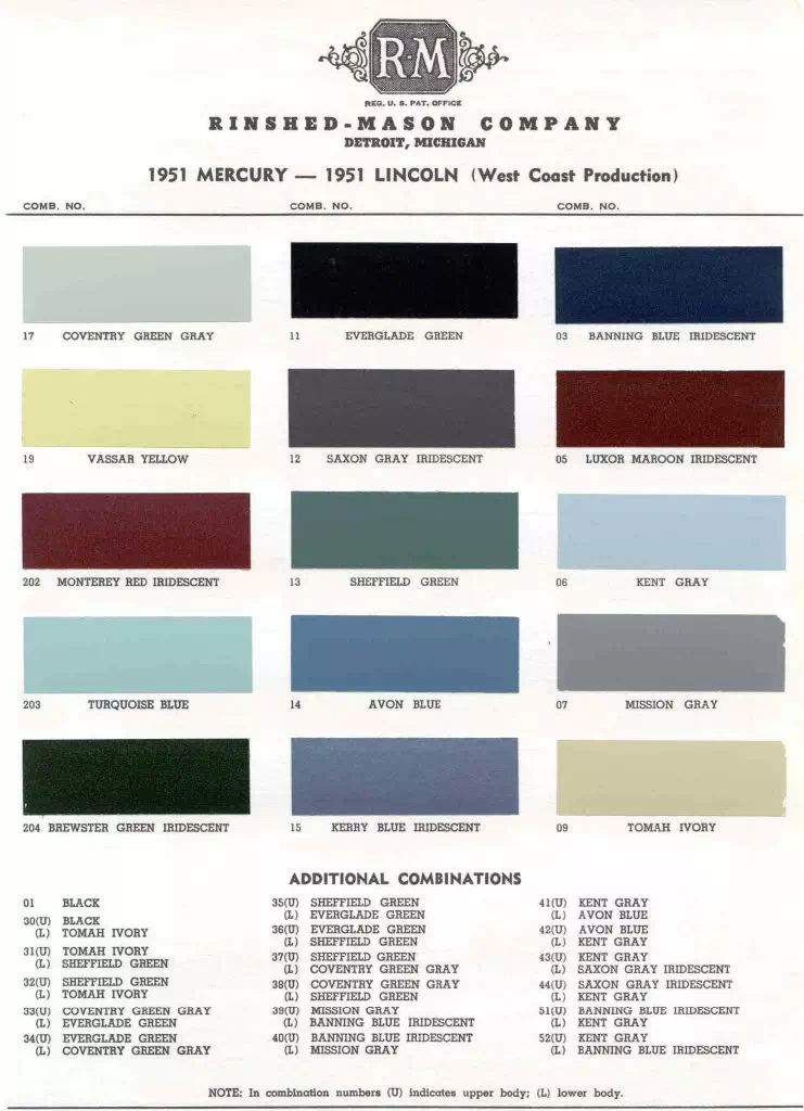 exterior colors, thier codes, and example swatches used on the exterior of the vehicles in 1951