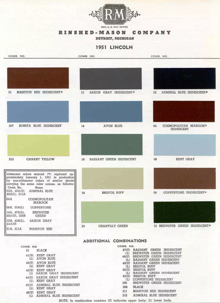 exterior colors, thier codes, and example swatches used on lincoln vehicles in 1951