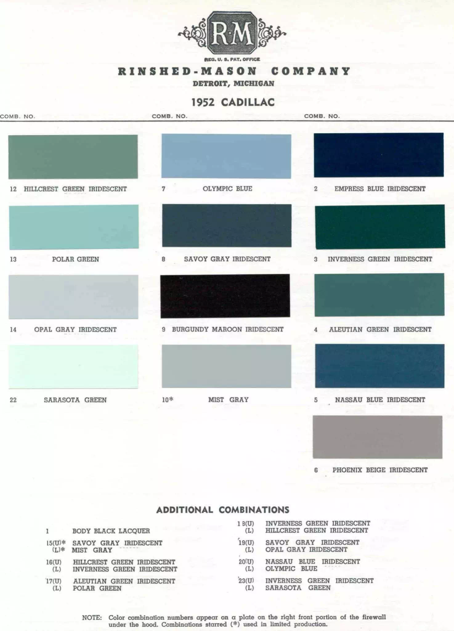 Summary of all Colors used on all Cadillac's in 1952