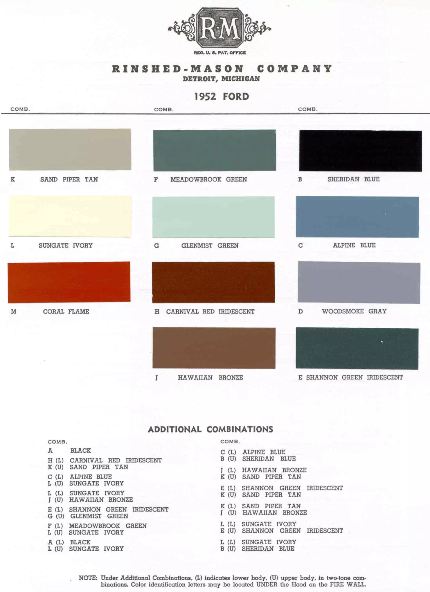 exterior colors, thier codes, and example swatches used on the exterior of the vehicles in 1952