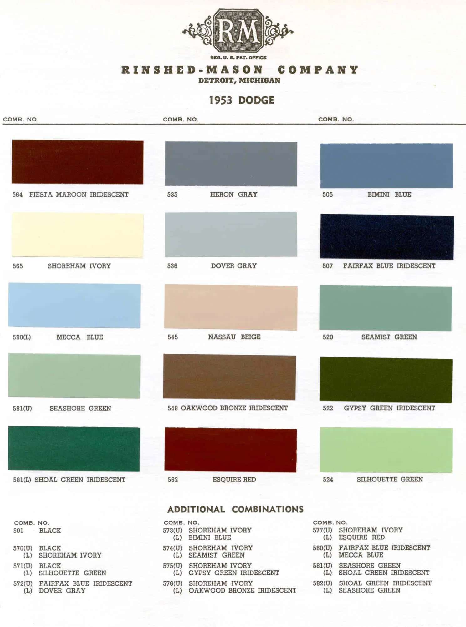Summary Of Colors used on all Dodge Vehicles in 1953