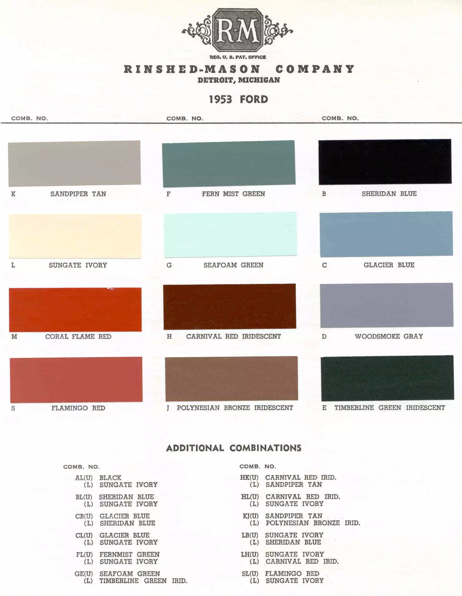 exterior colors, thier codes, and example swatches used on the exterior of the vehicles in 1953