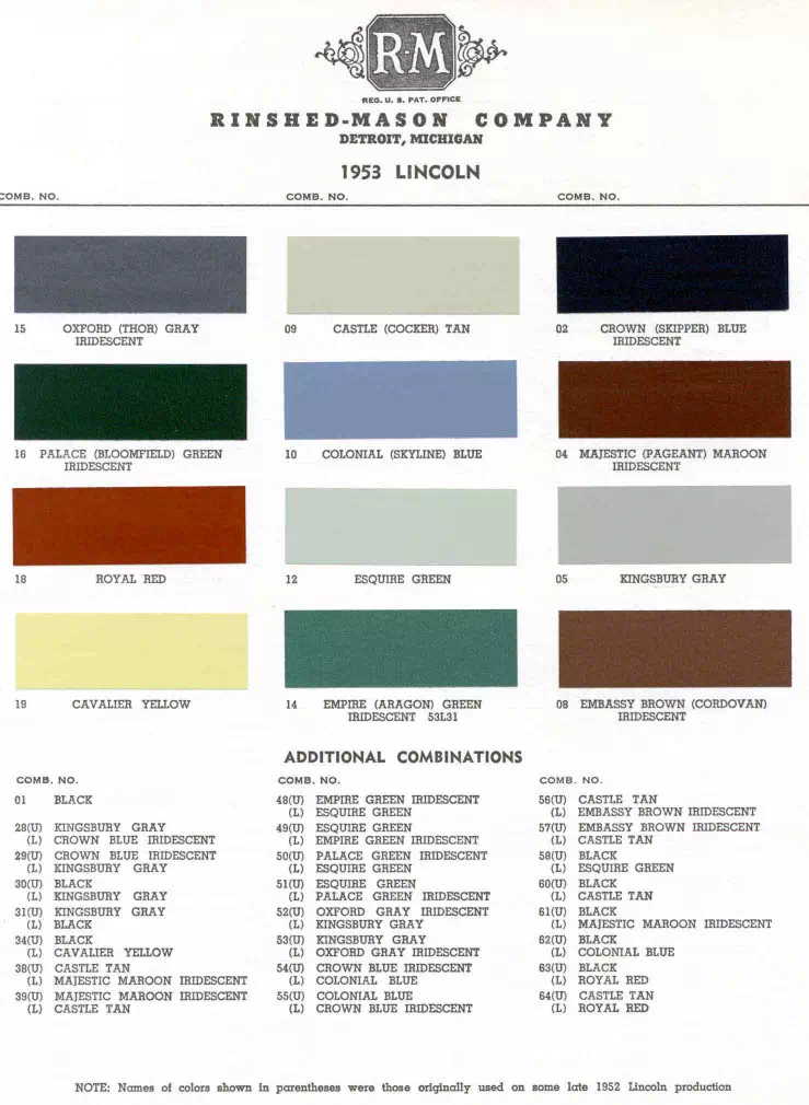 exterior colors, thier codes, and example swatches used on lincoln vehicles in 1953