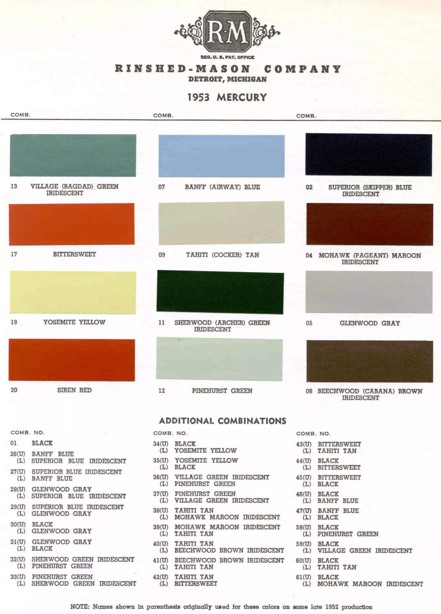 exterior colors, thier codes, and example swatches used on the exterior of the vehicles in 1953