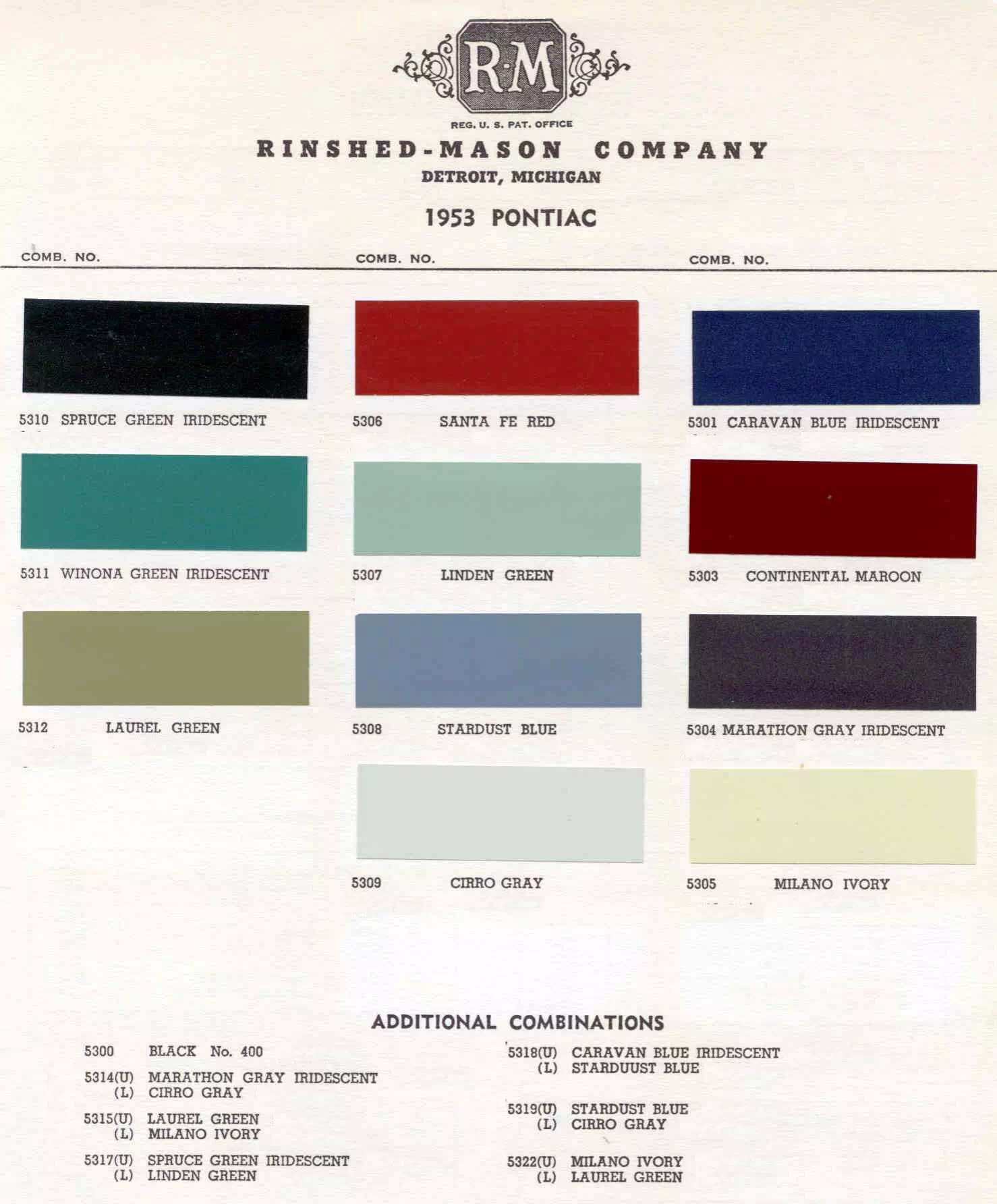 Chart that shows the Colors used on Pontiac Vehicles and the Code to look them up.