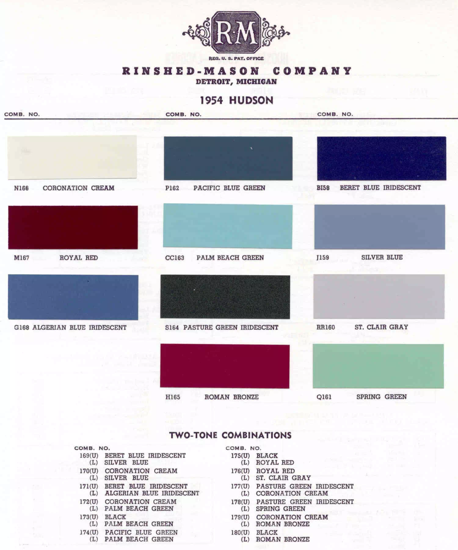Colors and Color Code Combinations used in 1954