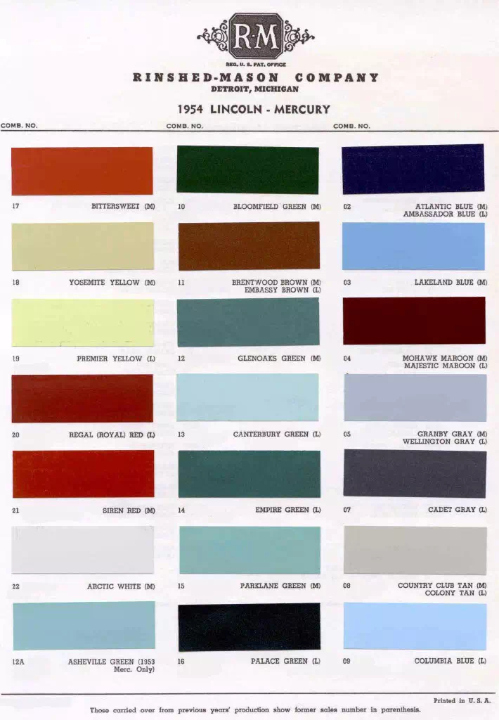 exterior colors, their codes, and example swatches used on lincoln vehicles in 1954